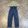 Fabpop kortärmning avbryta krage blommigt tryck vintage denim lapptäcke hög midje jumpsuits med bälte kvinnor gc012 210709