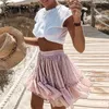 Simple casual bolinhas mini mulheres saia alta cintura uma linha coreana borla rosa verão saia sexy ruffle praia feminina saias 210303