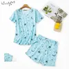 Zomer vrouwen comfortabele schattige pyjama set meisje print pyjama set korte mouw nachtkleding pak vrouwen nachthemd sets 210622