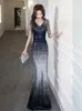 イブニングドレスVネックフロアレングスウエディングドレスビーズマーメイドドレス女性パーティーナイトスパンコルスカート