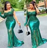 2021 Plus Size Arabische Aso Ebi Groene Zeemeermin Pailletten Galajurken Kant Kralen Sheer Neck Formele Partij Tweede Receptie Bruidsmeisjekleding Jurk ZJ335