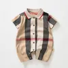 Baby Plaid Romper Toddler Kids Plaid Lapel Single Breasted Short Sleeve Jumpsuits Designer Infant Onesie Newborn Casual Clothes