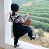 Wholesale Spring Baby Girl 2-pcs Sets Striped Long Sleeves T-shirt + Black Knitting Loose Overalls Kids Clothes E6042 210610