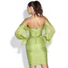 Été femmes vert Sexy sans bretelles maille lanterne manches mode serré Club fête drapé Mini robe Vestidos 210525