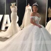 2021 Sexy Dubai Arabskie Suknie Ślubne Suknie Ślubne Suknie Ślubne Off Ramię Illusion Sheer Lace Aplikacje Frezowanie Royal Train Puffy Plus Size Vestido de Novia