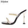 Eilyken Summer Fashion Chain Decoration PVC Transparent Strap Ladies Slippers Square Toe Sandals Women Stiletto High Heels Shoes 210310