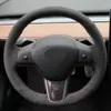 أعلى الجلود المثقبة مخيط اليد الجلد المدبوغ أسود غطاء عجلة القيادة ل Tesla موديل 3 2017 2018 2019 اليد غرزة على التفاف