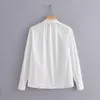 Kvinnor Elegant spetsvågkant Decprate White Blue Shirts Women Stand Collar Office Bluas Chic Autumn Feminina Tops LS4246 T200322