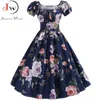 Plus Size Summer Dres Rękawem Puff Rękaw Huśtawka Rocznika Suknie Szata Femme Elegancki Kwiatowy Druku Pin Up Party Jurken 210623