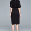 HIGH QUALITY Autumn Chiffon Patchwork O-Neck Puff Short Sleeve Bodycon Knee-Length Fishtail Sexy Party Black Dress 210603