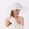 Mode damer klänning bröllop organza hattar kyrka blomma hatt elegant kentucky derby hattar flicka kvinna vikbar bred brim strand sol visörer raser cap brud huvudband