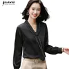 Черная атласная шифоновая рубашка женщины с длинным рукавом осень темперамент тонкий большой размер повседневные блузки офисные дамы рабочая одежда вершины 210604