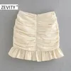 Zevity femmes diamant bouton décoration plissée mince jupe faldas mujer dames dos fermeture éclair robe chic ourlet volants jupes QUN675 210303