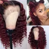 Spetsspårar Red Bob Frontal Yellow 99J Bourgogne Wavy Curly 13x4 Front Wig Full Density Colored Human Hair Closure89800712851736