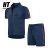 Heren Casual Trainingspak Zomer Stiksels 2 Stuks Set Korte Mouw Rits Sweatsuit + Sport Shorts Joggers Outfits Gymle