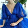 Nuovo arrivo A-Line Royal Blue Dot Net Tea Lunghezza Prom Dress Elegante abito da sera con maniche a sbuffo Plus Size Abito da festa con scollo a V