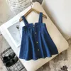 2020 2-8Y Toddler Bebek Kız Moda Giyim 2 adet Beyaz Katı Flare Uzun Kollu Bluz + Denim Bib Elbise Rahat Kıyafetler Güz Set 144 Y2