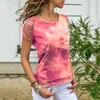 Tie Dye Cotton Hollow Out Hole Korte Mouw Womens Baggy Tee Shirts Zomer Vrouwelijke 90s T-shirt Pullover Losse Plus Size Tops Roze 210604