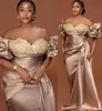 2022 Sirène Africaine Robes De Bal Élégant Satin De L'épaule Peplum Dentelle Appliqued Robes De Soirée Plus La Taille Femmes Occasion Formelle Robe De Soirée