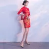 الإناث رائعة الترتر تقليم تشيباو أنيقة مثير خارج ضئيلة قصيرة شيونغسام الأحمر الصينية اللباس حزب الرسمي A3WE