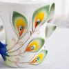 Creatieve 3D handgemaakte porselein glazuur peacock koffiekopje set met schotel en lepel aanwezig keramische thee water cup schotel geschenk 210309