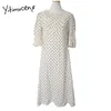 Yitimuceng Floral Cópia Vestidos para Mulheres Lace Alto Cintura Puff Manga Branco Sundress Verão Coreano Moda Boho Midi Vestido 210601