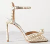 أحذية فاخرة العروس الصندل العلامات التجارية Sacora Sandals أحذية لحفل زفاف عالي الكعب الأبيض لؤلؤة بيضاء الجلود حزام زقزقة أخمص القدمين أنيقة مضخات EU35-43