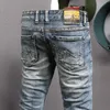 Итальянский стиль моды мужские джинсы ретро синий эластичный тонкий разорванный потертый лоскутный старинный дизайнер повседневные джинсовые штаны