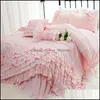 Conjuntos de cama Suprimentos Home Têxteis Jardim Romântico Bordado Set Rose Imprimir Ruffle Lace Cama Princesa Rei Algodão Duveta ER Queen Drope Del