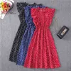 Women Summer Polka Dot Chiffon Dress Short Sleeve Party Sweet Slim A-Line Casual Elastic Waist Elegant Midi Dresses Robe Femme 210719