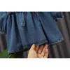 Jesień Dziewczyna Denim Dress Lotus Leaf Collar Princess z Sash Długim Rękawem Dzieci Ubrania 1-5t E20386 210610