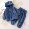 Dzieci Piżamy Dzieci Baby Pluszowe Zestawy Chłopcy Dziewczęta Bear Ear Hooded Pullover Długi Spodnie Pajama Pijama 1-6y 211109