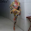 DPSDE Yellow Print Moda Dwa kawałki Kobiety Zestaw Jesień Pełna Rękaw Casual Cardigan Nowy 2020 Skinny Czeski Streetwear Dres Y0625