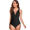 Solid Svart Ruffled One-Piece Swimsuit Kvinnor Sexig Lace Up Monokini Badkläder 2022 Nya Tjej Beach Badkläder