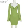 Nadafair Flare Sleeve Bodycon Sexy Mini Party Dress Green Vintage Low Neck Long Slim Sleeve Winter Dress For Women 2021 Festival Y1006