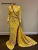 Lange mouwen Sexy Prom Jurken 2021 Hoge Neck Side Slees Yellow Sequin African Black Girls Mermaid Avond Feestjurken