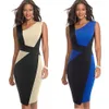 Nice-Forever Vintage Contrast Color Patchwork Wear to Work vestidos Business Party Bodycon Office Elegant Women Dress 210303