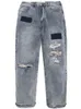 Firmranch Men / Women American Casual Beggar Distressed Hip Hop Gewassen Blauw Gebroken Denim Broek Streetwear Losse Lange jeans