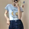 Moda Siper Kelebek Baskılı Kırpılmış T-Shirt Kadınlar Kısa Kollu Gevşek Rahat Bayanlar Kızlar Yaz 210601