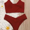 Sexy Cross Bikini Set Women Solid V-Neck High-Waisted Two Piece Swimsuit Girl Beach Bathing Suit Swimwear Biquinis 210611