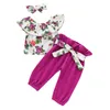 Summer Born Baby Girls Ropa Set Strapless Floral Impreso Top + Bow Denim Pant + Hairband 3pcs Lindo 210611