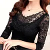 S-5XL Plus Size Spring Summer Fashion Women Elegant Black Lace Blouse Shirt Long Sleeve Sexy Top Clothing DF2313 210609