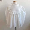 Doce plissado stitching outono tops stand-up colar de sopro manga blusa branco blusa mulheres bolinhas bordados camisa blusas mujer 12720 210528
