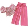 Summer Kids Clothes Girls Floral Top+Trousers 2Pcs Sets Clothing Children's 210528