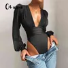 CNYishe Black Deep V-Wee Weed Bodysuit Женщины Rompers Sexy Bodycon Комбинезон Твердые Эластичные Повседневные Партии Бодиситуаты Тело Топы Комбинезоны 210728