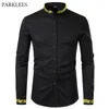 Black Gold Embroidery Shirt Men Spring Mens Dress Shirts Stand Collar Button Up Shirts Chemise Homme Camisa Masculina 210708