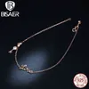 BISAER 925 Love Heart Key Shape 23CM Chain Anklets for Women Sterling Silver Jewelry EFT001