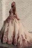 Rose Gold Cekiny Quinceanera Dresses 2021 Sweetheart Neckline Księżniczka Tulle Korowód Balowa Suknia Słodkie 16 Piętro Długość Gorset Back Birthday Party Nosić Vestidos