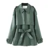 FTLZZ Spring Autumn Lapel Faux Leather Jacket Women Green PU Coat Simplicity Loose Jackets Office Lady Outwear with Belt
