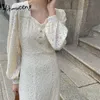 Yitimuceng White Dresses for Women Fashion High Waist Lace Midi Dress Long Puff Sleeve Sundress Spring Office Lady 210601